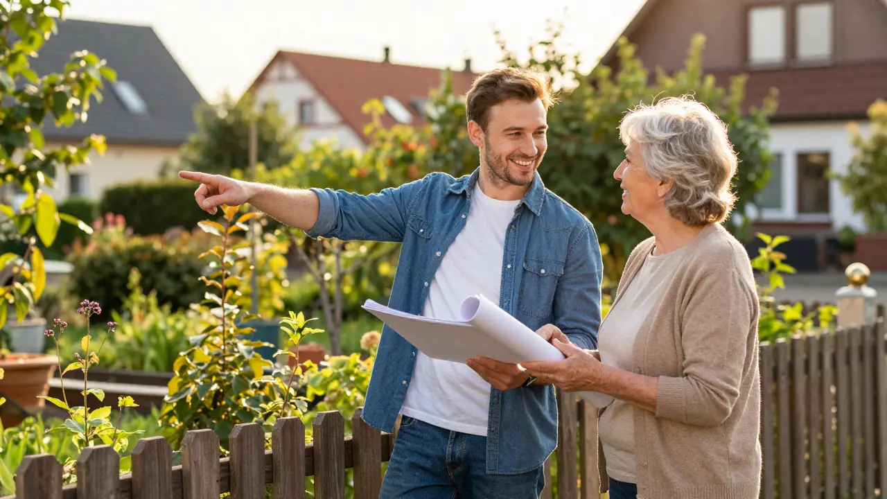 Zwei Nachbarn unterhalten sich freundlich an einem Gartenzaun über Baupläne.