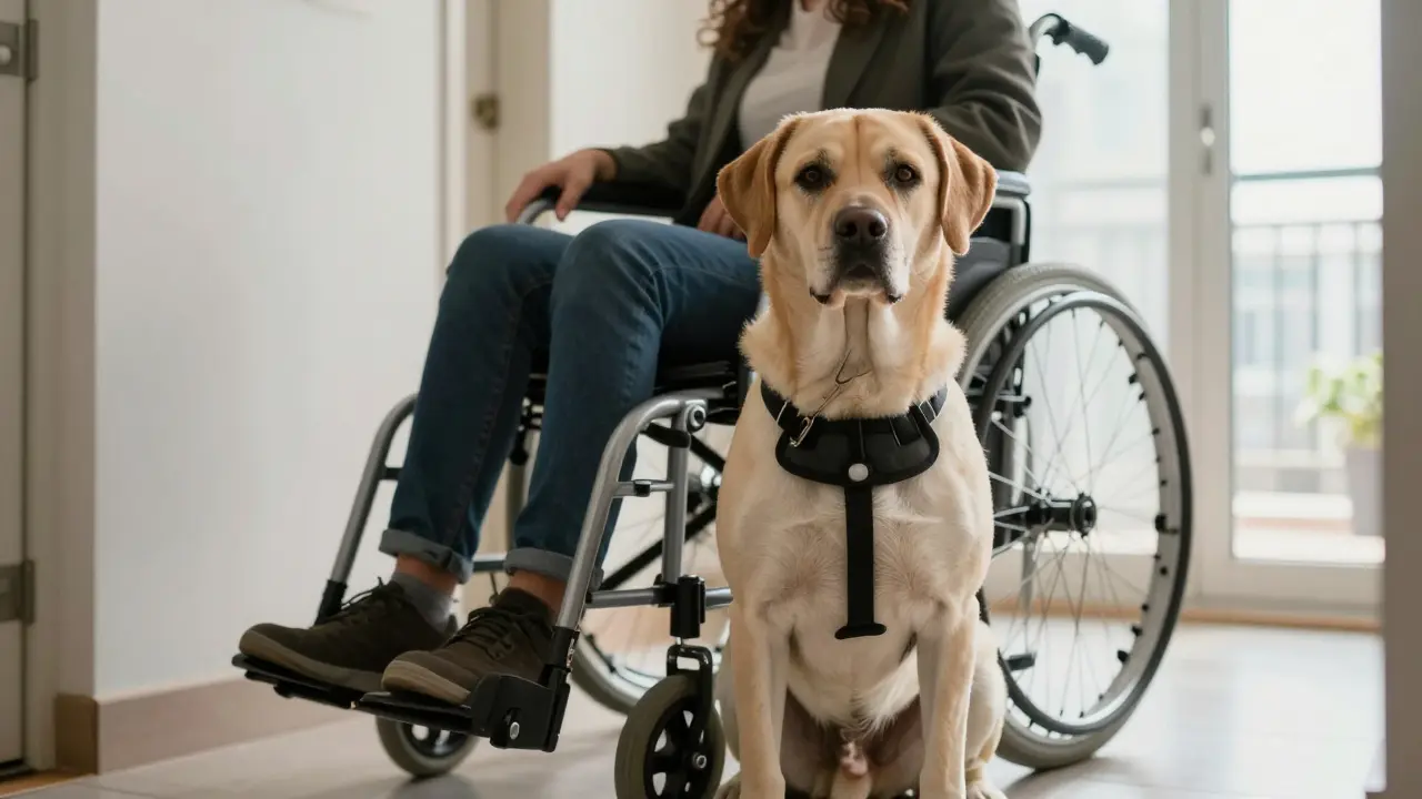 Ein Blindenhund mit Geschirr sitzt würdevoll neben seinem Halter im Flur.