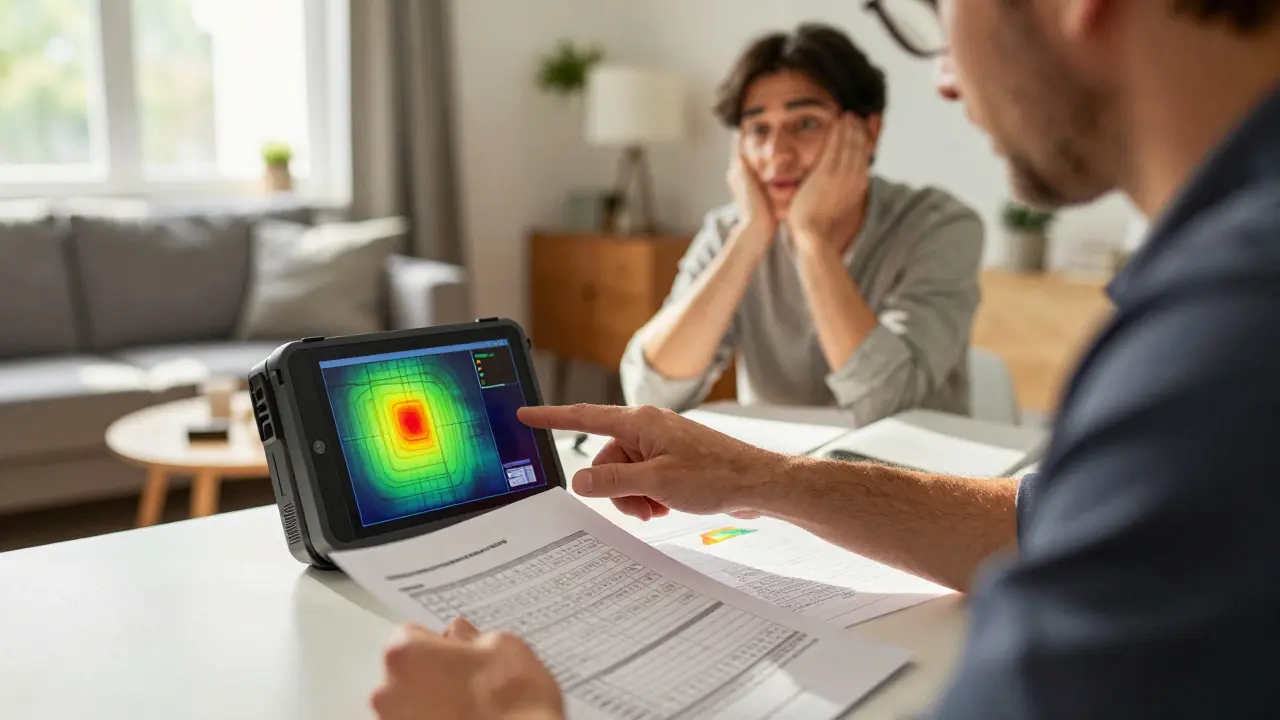 Energieberater zeigt Thermodiagramm einem Hausbesitzer