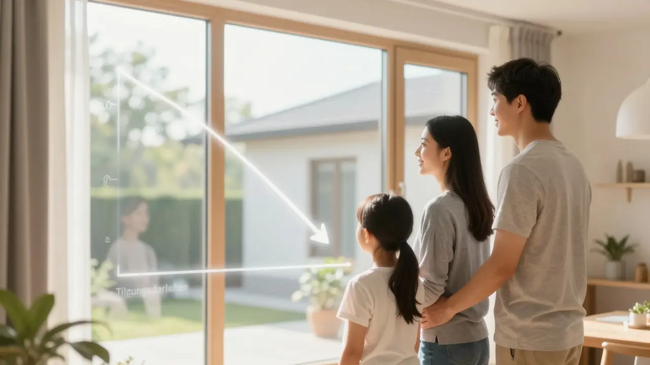 Familie im neuen Zuhause mit grafischer Darstellung der sinkenden Belastung durch Tilgungsdarlehen.