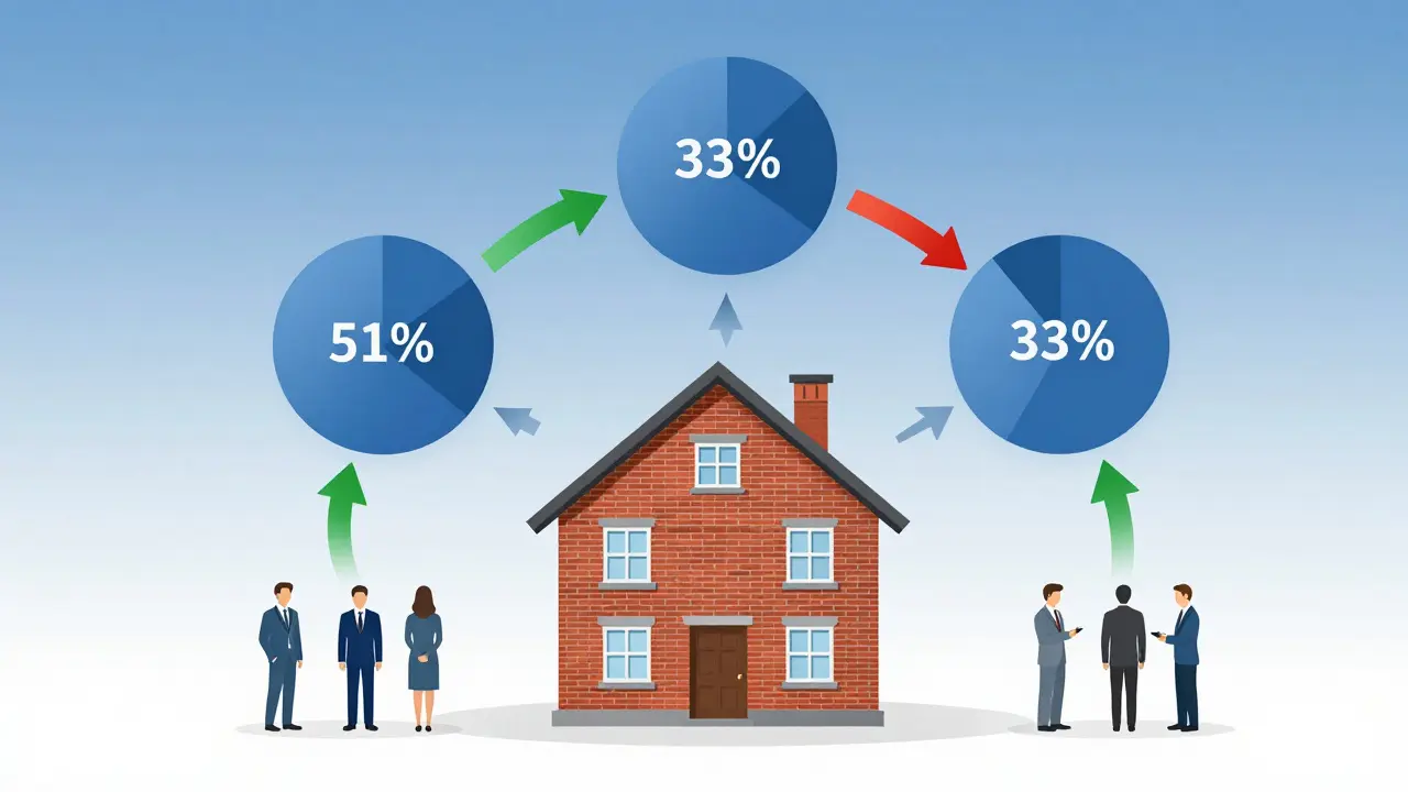 Grafik zeigt Erbanteile und Entscheidungsrechte bei Immobilienverwaltung