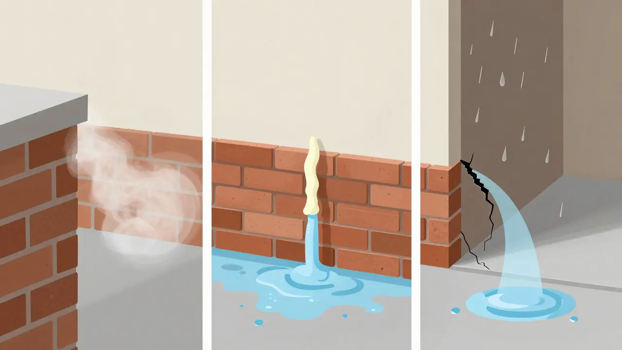 Illustration der drei Hauptursachen für Wandfeuchtigkeit: Kondensation, aufsteigend, eindringend