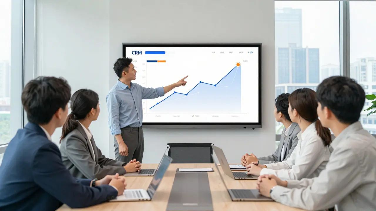 Immobilienteam diskutiert digitale Integration und CRM-Dashboards im Büro