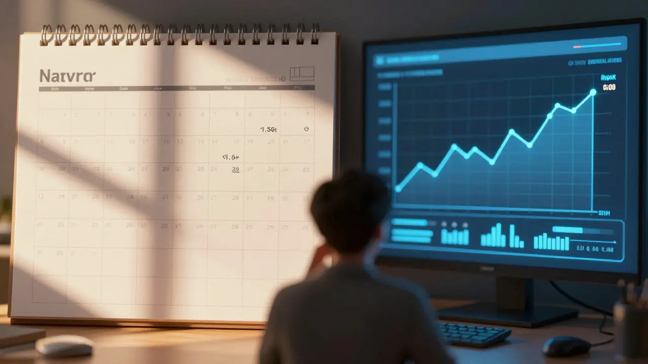 Kalender mit festen Beträgen neben schwankendem Inflationsdiagramm