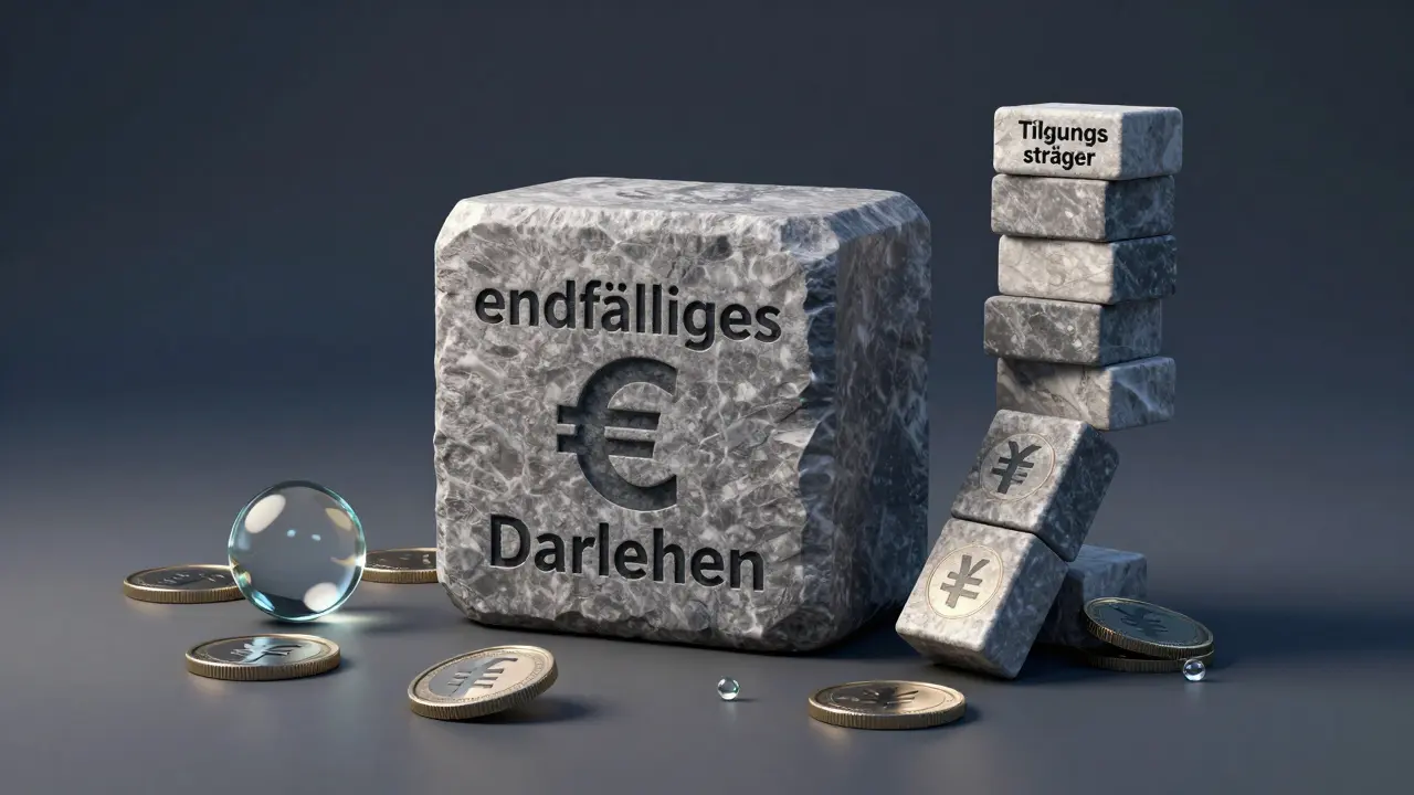 Konzeptionelle Darstellung eines Endfälligen Darlehens: Große Schuldenlast und unsicherer Tilgungsträger.