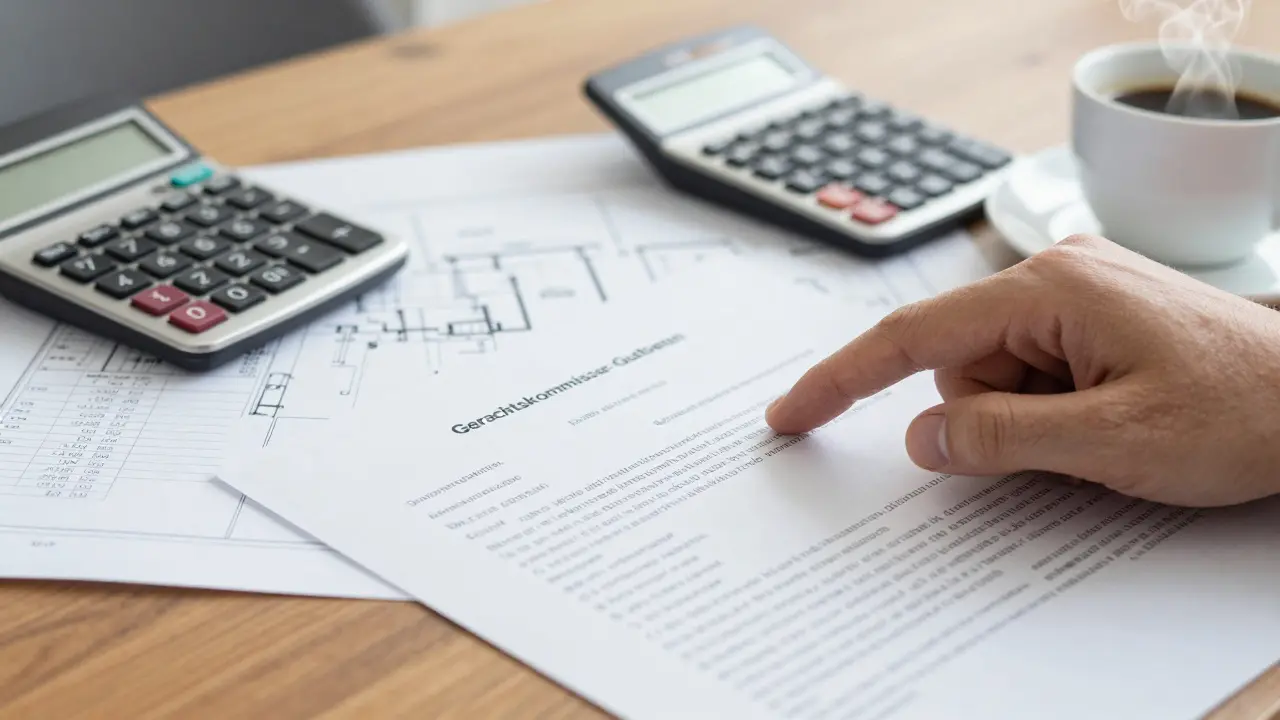Nahaufnahme von Gutachten und Kalkulationen bei Immobilieninvestition
