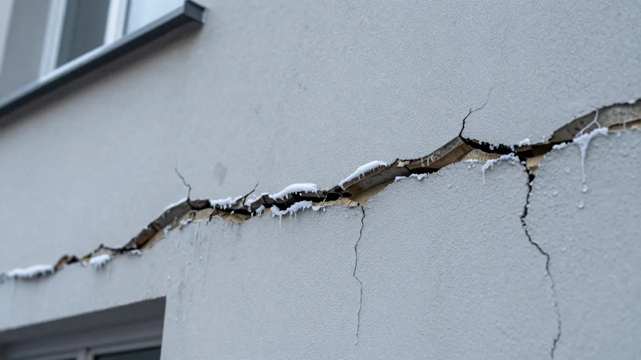Risse in der Fassade durch Frost-Tau-Wechsel bei kalten Temperaturen