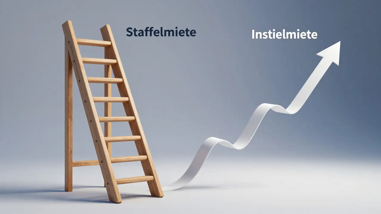 Visuelle Darstellung von stabiler Stufenmiete vs. flexibler Indexmiete